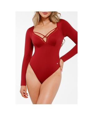 Popilush Shapewear Long Sleeve Mesh Inset Tummy Control Bodysuit - Red