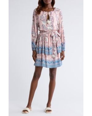 Alicia Bell Stevie Long Sleeve Belted Cotton & Silk Cover-Up Minidress - Blue