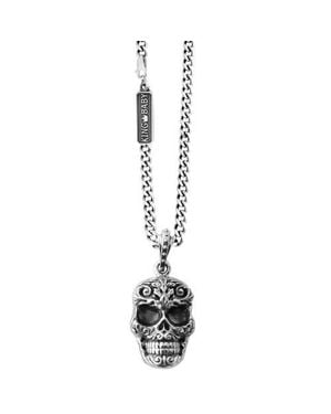 King Baby Studio Carved Baroque Skull Pendant On Curb Link Chain - Metallic