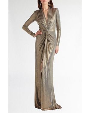 Tadashi Shoji Metallic Long Sleeve Liquid Jersey Gown - Natural