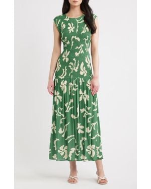 a.ren Leilani Floral Smock Bodice Maxi Dress - Green