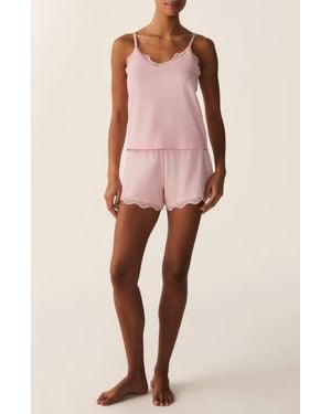 Petite Plume Pima Cotton Lace Trim Camisole Pajamas - Pink