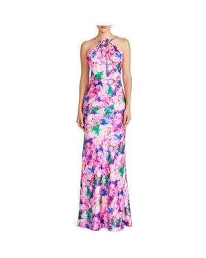 ML Monique Lhuillier Violette Floral Halter Neck Satin Gown - Purple