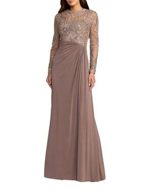 Mac Duggal Embroidered Long Sleeve Jersey Evening Gown - Brown