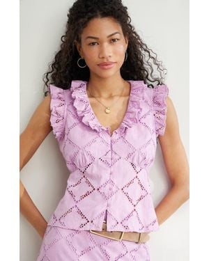 Treasure & Bond Open Cutwork Ruffle Trim Button-Up Top - Pink
