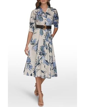 Donna Karan Spread Collar Floral Midi Shirt Dress - Blue