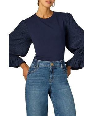 Wit & Wisdom Mixed Media Smocked Sleeve Top - Blue