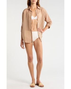 Elan Stripe Button-Up Cover-Up Shirt - Natural