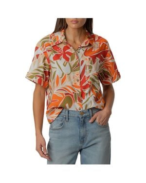 Kut From The Kloth Aida Stretch Cotton Blend Short Sleeve Button-Up Top - Red