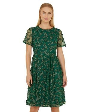 Yumi' Embroidered Floral Skater Dress - Green