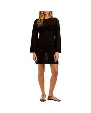 Seafolly Open Back Long Sleeve Sheer Cotton Blend Cover-Up Dress - Black