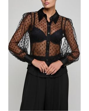 L'Agence Sophie Swiss Dot Sheer Mesh Button-Up Shirt - Black