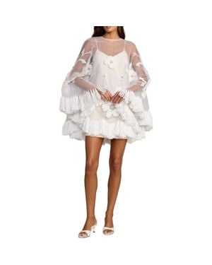 Mac Duggal Embellished Trapeze Mini Dress With Fringe Hem - White