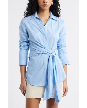 Open Edit Pinstripe Button-Up Tie Waist Poplin Top - Blue