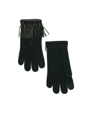Portolano Cashmere Tech Gloves With Leather Fringes - Black