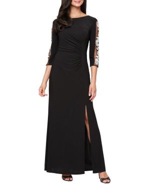 Sl Fashions Embroidered Illusion Sleeve Jersey Gown - Black