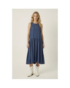 Modenaire Sleeveless Drop-Waist Gathered Relaxed-Fit Midi Dress - Blue
