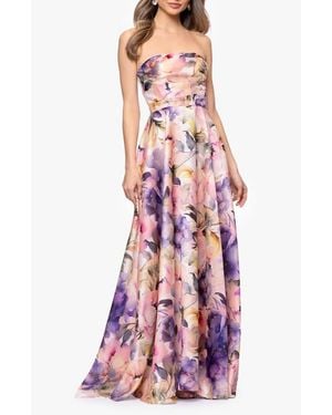 Betsy & Adam Floral Strapless Organza Gown - Red