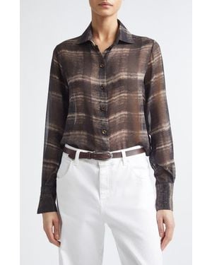 Eleventy Plaid Silk Button-Up Shirt - Brown