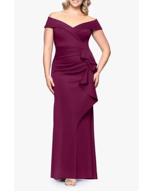 Xscape Evenings Off The Shoulder Ruffle Scuba Knit Gown - Purple
