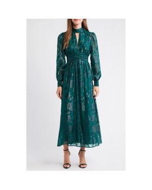 Anne Klein Metallic Ruched Long Sleeve Maxi Dress - Green