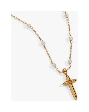 ALEX AND ANI Cross 413 Pearl Rosary Chain Pendant Necklace - Metallic
