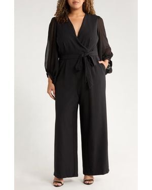 Julia Jordan Wrap Front Sheer Long Sleeve Jumpsuit - Black