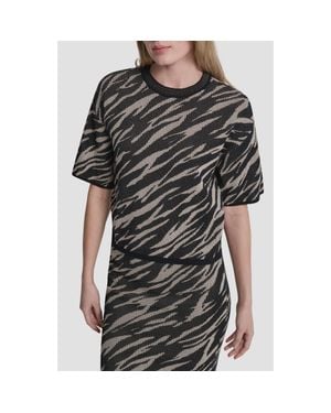 DKNY Animal Pattern Openwork Jacquard Short Sleeve Sweater - Black