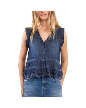 Billy T Lovesick Flounce Sleeveless Denim Top - Blue