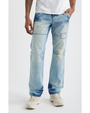 Level 7 Five Pocket Distressed Slim Straight Leg Jeans - Blue