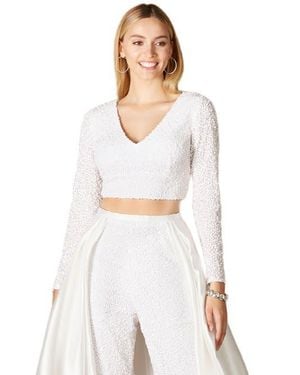 LARA New York Long Sleeve V-Neck Beaded Top - White