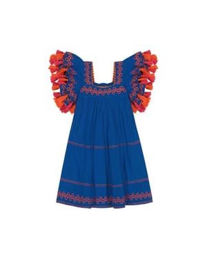 MER ST BARTH Serena Girl's Tassel Dress Classic Embroidery - Blue