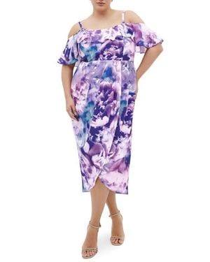 City Chic Floral Drape Cold Shoulder Midi Dress - Purple