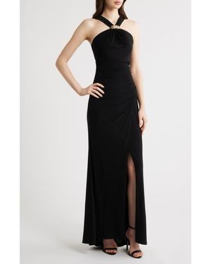 Eliza J Halter Neck Ruched Mermaid Gown - Black