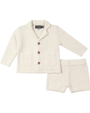 Space Grey Textured Knit Blazer And Shorts Set - Natural