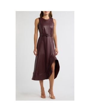Anne Klein Asymmetrical Hem Faux Leather A-Line Midi Dress - Red