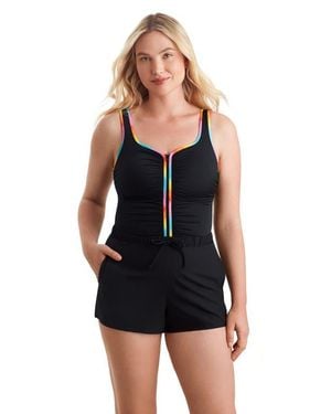 ShapeSolver Sport Shirred Zipper Runaround Chlorine Resistant One-Piece Swimsuit - Black