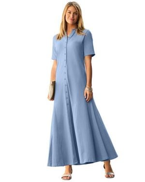 Jessica London Stretch Cotton Button Front Maxi Dress - Blue