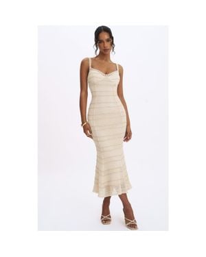 Miss Circle Xiomara Stripe Crochet Knit Mermaid Midi Dress - Natural