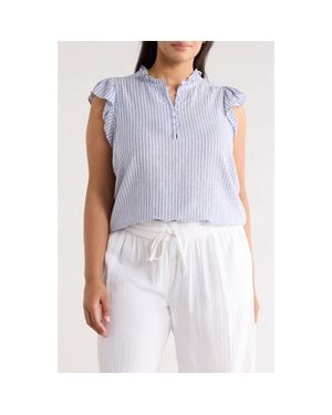 Caslon Stripe Linen Blend Flutter Sleeve Top - Blue