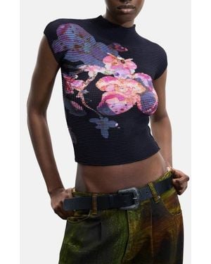 Desigual Floral Waffle Knit Top - Blue