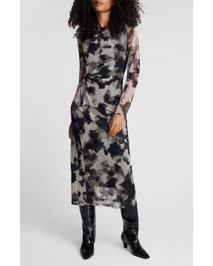Kenneth Cole Knot Waist Long Sleeve Mesh Dress - Black