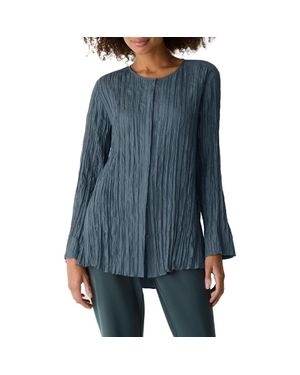Eileen Fisher Crinkle Front Button Silk Top - Blue