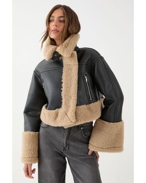 MissPap Pu Faux Fur Trim Aviator Jacket - Gray