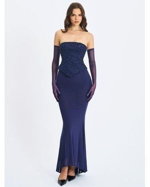 Miss Circle Orabelle Beaded Peplum Mermaid Gown With Lace-Up Back - Blue