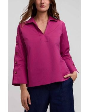 Foxcroft Lainey Button Accent Cotton Popover Top - Red