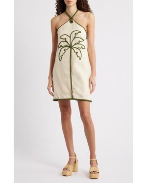FARM Rio Coconut Contrast Piping Halter Minidress - Natural