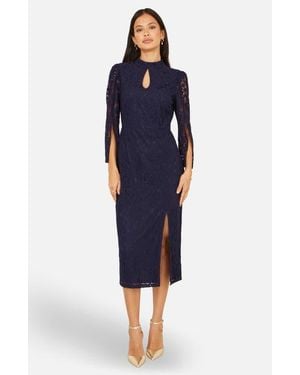Yumi' Lace Fitted Midi Dress - Blue