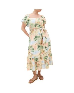 City Chic Laurena Floral Puff Sleeve Tie Belt Sundress - Metallic