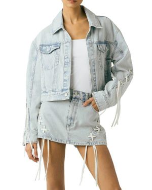 Blank NYC Oversize Lace-Up Denim Trucker Jacket - Gray
